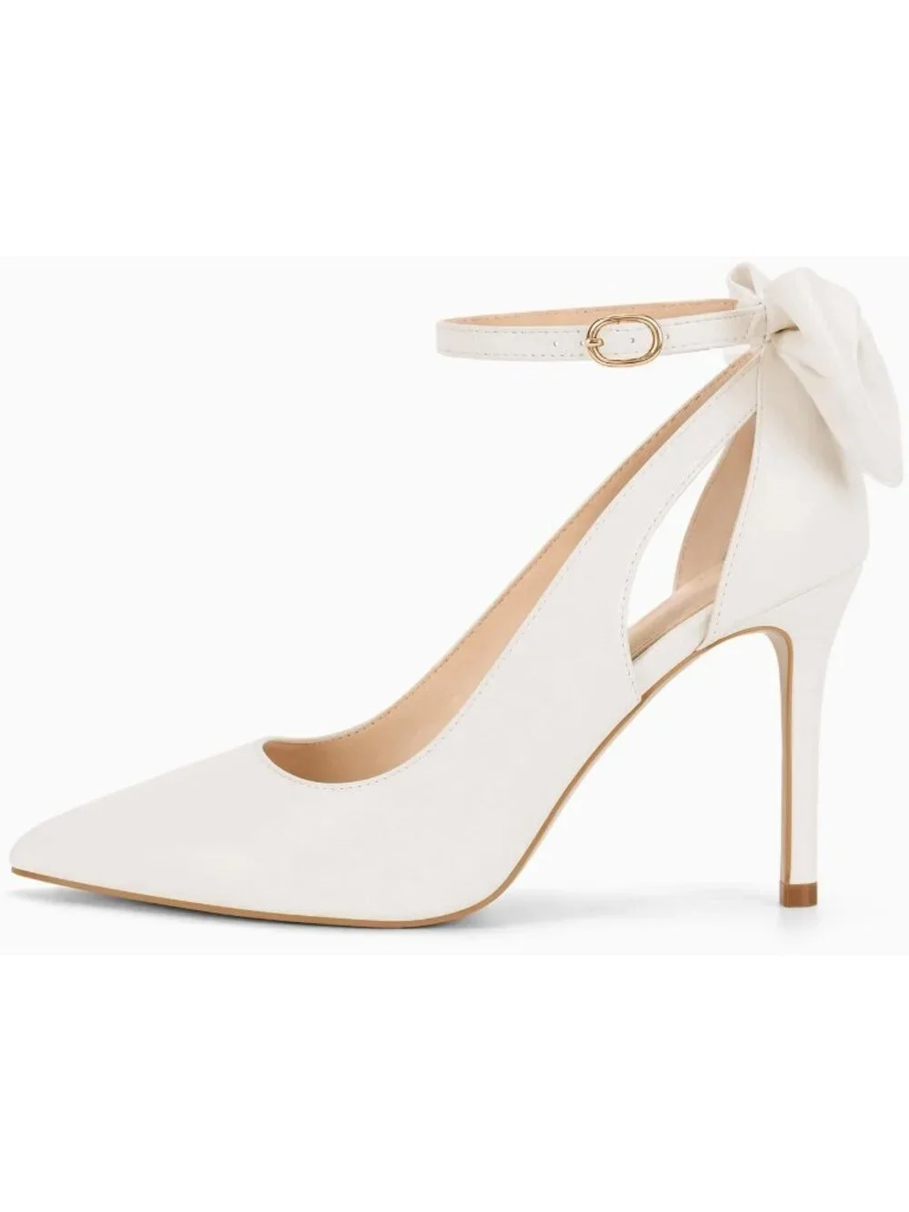 Women's Light Beige Pointed Toe High Heels Ankle Strap Sexy Bowtie Back Sandals